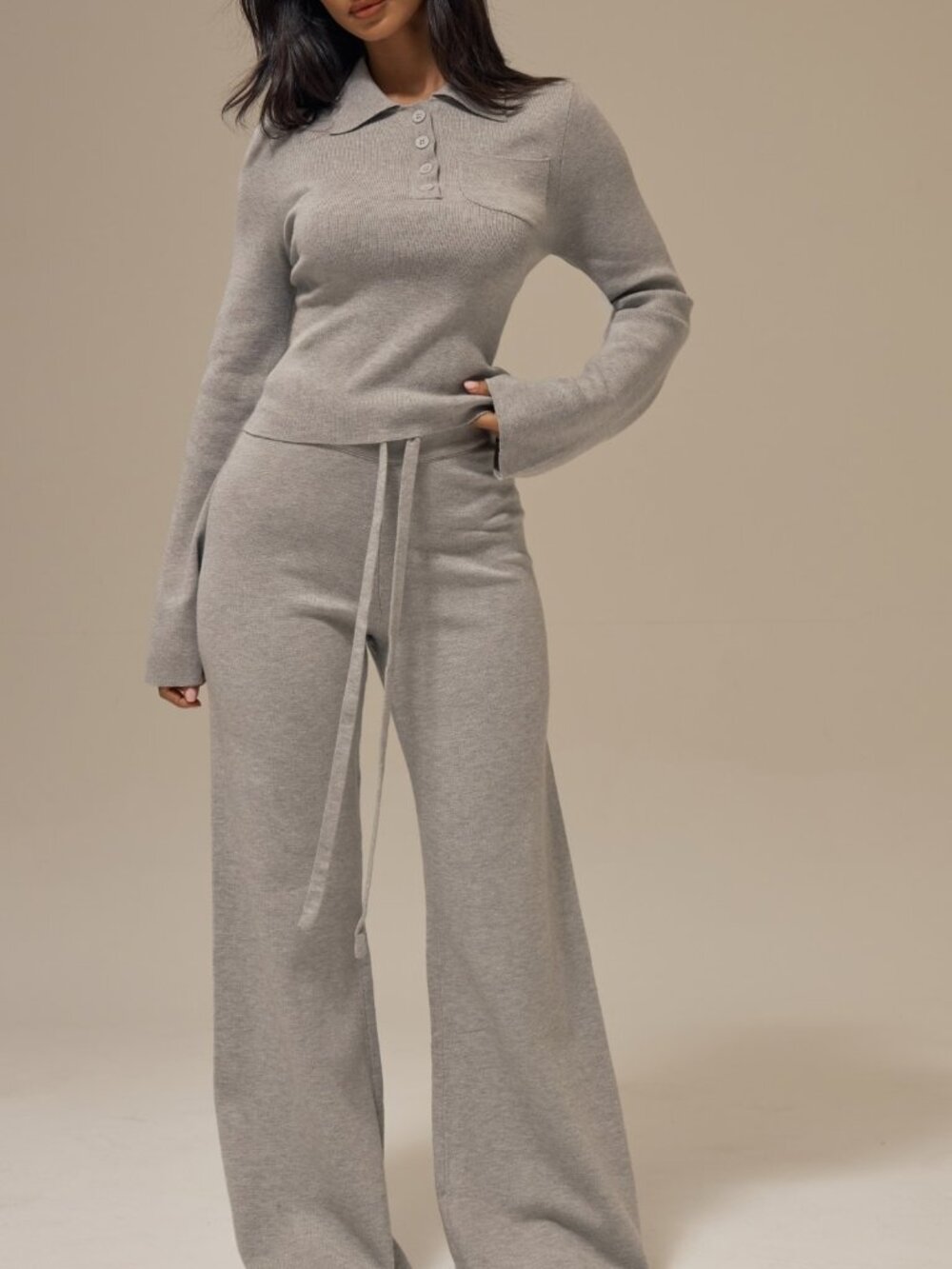 Light Grey Casual Women's Slim Fit Flare Sleeve Button Front Polo Neck Pullover - Picture 2 of 5